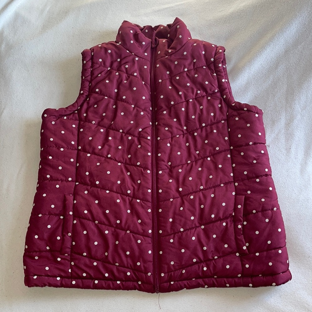 Puffer Vest XL Wine and White Polka Dots